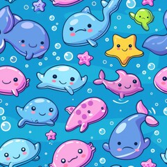 seamless pattern of adorable cartoon marine animals, colorful seaweed and coral, pastel background