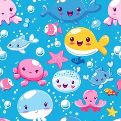 seamless pattern of adorable cartoon marine animals, colorful seaweed and coral, pastel background