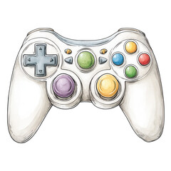 A white video game controller is depicted in a hand drawn watercolor art.