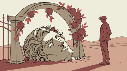 Destroyed sculpture of face surrounded by roses and archway, evoking sense of loss and beauty