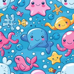 seamless pattern of adorable cartoon marine animals, colorful seaweed and coral, pastel background