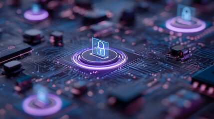 Cybersecurity concept image: glowing padlock icon on circuit board, symbolizing digital protection and data security, ideal for tech or safety related projects