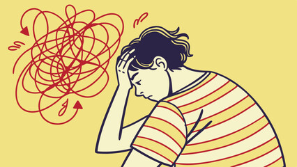 Person with messy hair appears overwhelmed, expressing feelings of chaos and confusion. background is bright yellow
