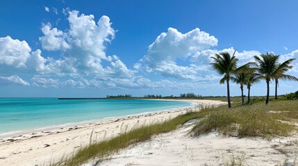 Idyllic tropical beach landscape featuring turquoise water white sand and palm trees under a blue sky with fluffy clouds in a serene coastal scene