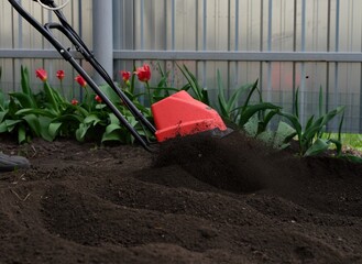 Soil being tilled using a cultivator .