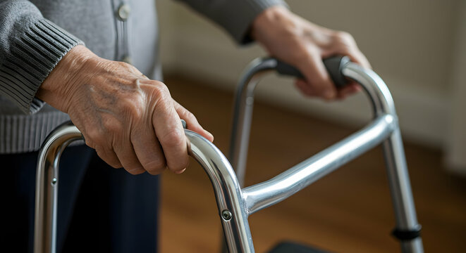 Elderly woman using a walker for support and mobility assistance indoors