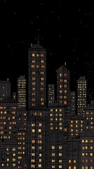 Night city skyline warm window lights glowing dark urban scene twinkling stars above