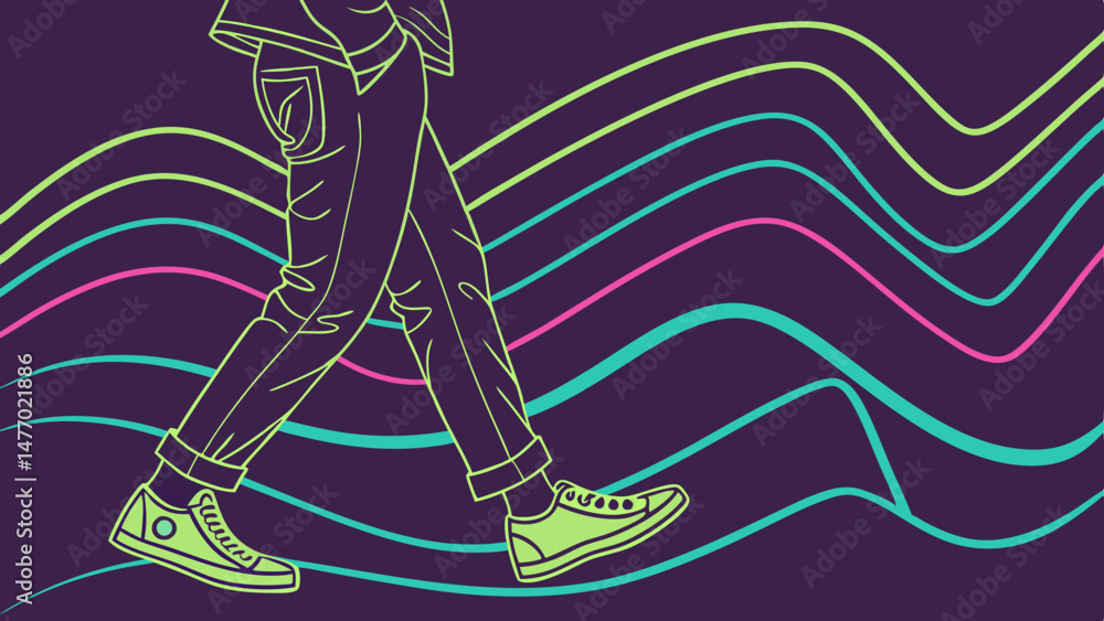 Poster person walking with neon lines in background, creating vibrant and dynamic atmosphere