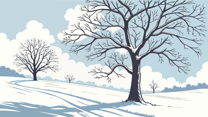 Fototapeta premium Serene winter landscape features bare trees with snow covered branches against soft blue sky, evoking peaceful atmosphere