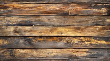 Obraz premium Warm, weathered wooden planks display a rich, textured surface marked with natural cracks and knots, evoking a sense of rustic charm and organic beauty.