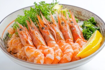Shrimp Donburi Bowl Close-Up: Japanese Cuisine with Rice, Shrimp, Lemon, and Herbs, Studio Shot, Overhead View
