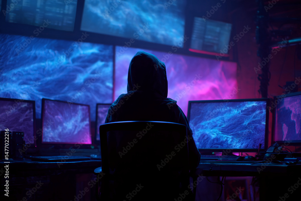 Poster silhouette of hooded figure seated before multiple computer screens displaying abstract blue and pur