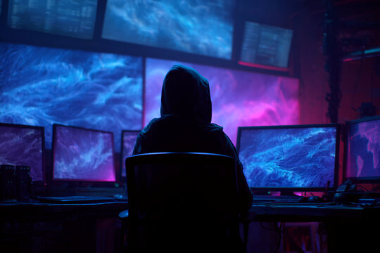 Silhouette of hooded figure seated before multiple computer screens displaying abstract blue and purple patterns, suggesting digital activity or a technological theme