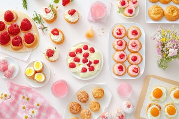 Overhead flat lay of various pastries and desserts with strawberries and raspberries on white background