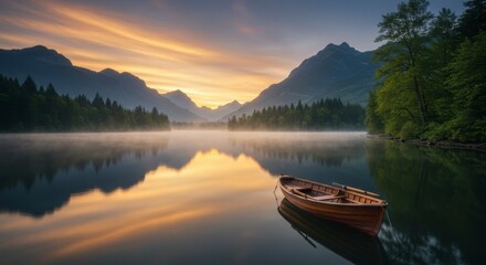 Serene lake at sunrise, tranquil boat