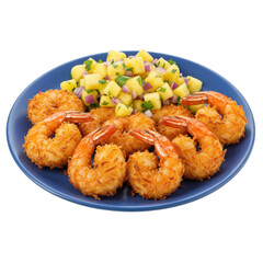 Deliciously Breaded Shrimp Served with Fresh Pineapple Salsa on a Blue Plate