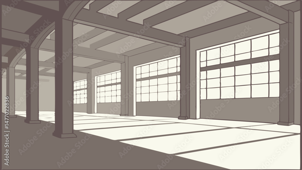 Poster spacious empty concrete room with large windows allowing natural light to flood in, creating serene 