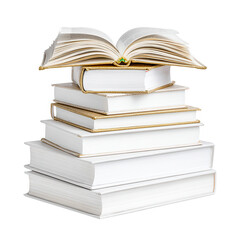 Stack of books in white and gold tones with an open book on the top.