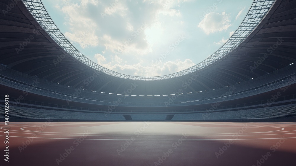 Poster architecture of an open stadium with support beams forming visual symmetry
