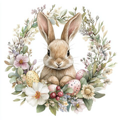 Obraz premium Joyful bunny with flowers and egg is painted with boho realistic style