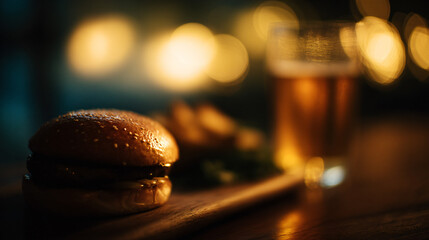 Obraz premium Savoring the flavor of beer and a burger, a local culinary delight, captured in a cozy, close-up food shot.