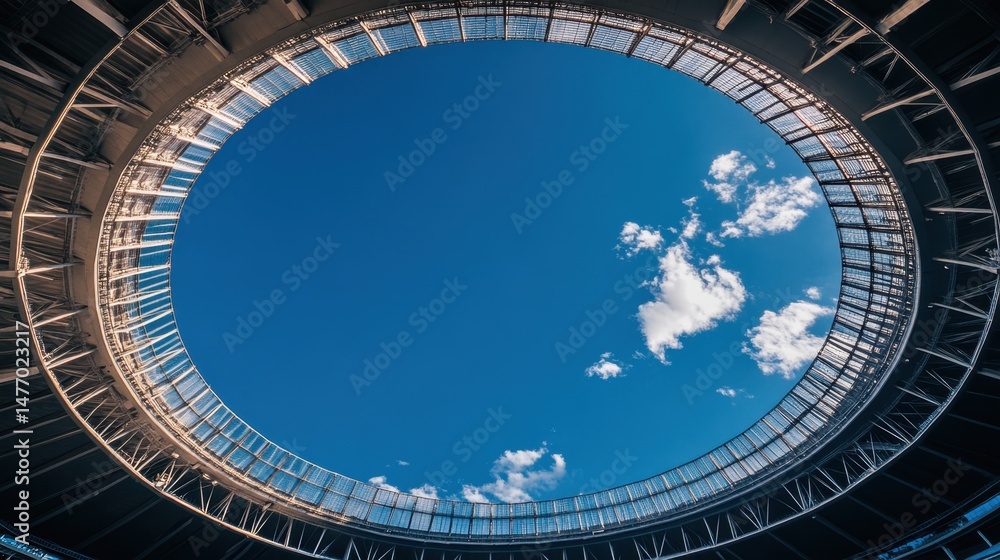 Poster architecture of an open stadium with support beams forming visual symmetry