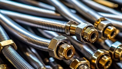 Close-up of flexible metal pipes with golden nuts and bolts at the joints.