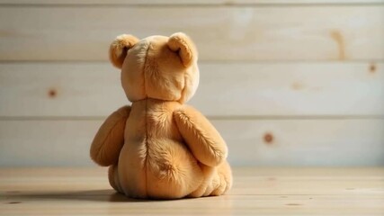 Loneliness, A brown teddy bear sitting on a wooden surface , the background is a light wooden wall 
