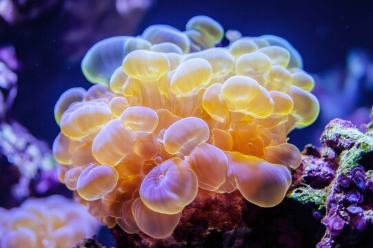 Bubble coral polyps creating a stunning underwater spectacle with their translucent bodies and vibrant colors