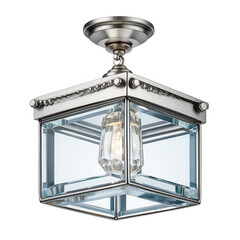 An elegant brushed nickel flush mount ceiling light adorns white background