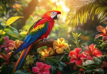 Fototapeta premium A colorful macaw perched on a branch surrounded by tropical flowers and greenery under sunlight.
