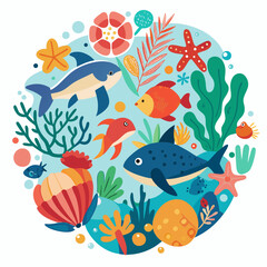 World Reef Awareness Day Vector Set – Coral, Fish, Sea Life, Ocean Conservation, Marine Plants and Animals on White Background
