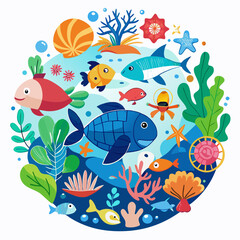 Fototapeta premium World Reef Awareness Day Vector Set – Coral, Fish, Sea Life, Ocean Conservation, Marine Plants and Animals on White Background