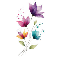 Delicate watercolor flowers in shades of purple pink yellow and teal bloom gracefully.