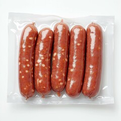 Freshly packaged sausages ready for cooking and grilling at home.