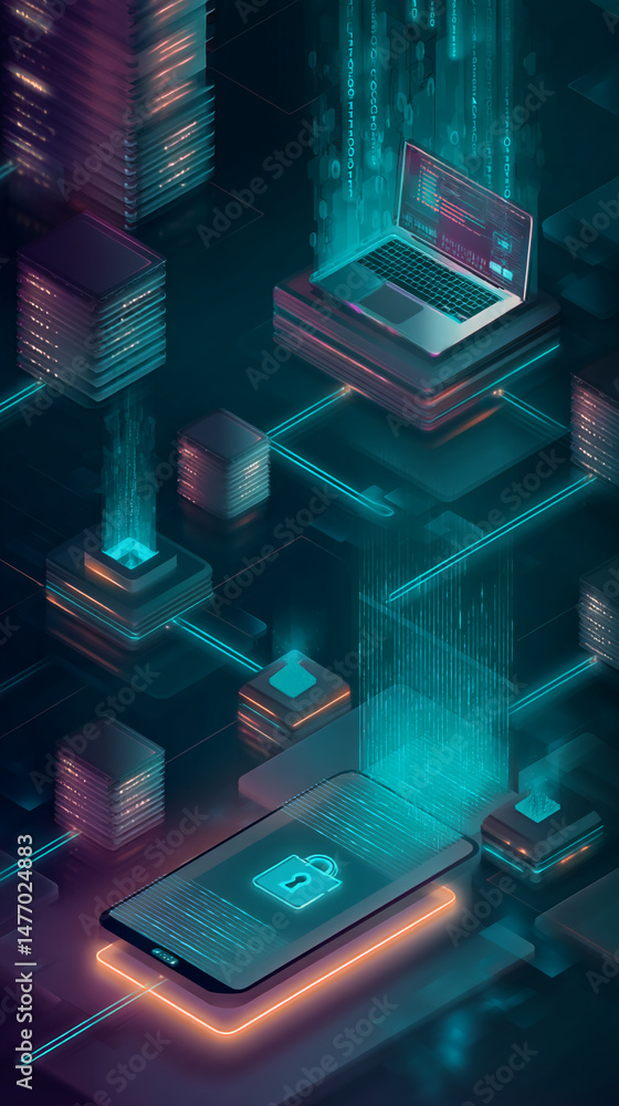 Poster abstract digital illustration showing data transfer between phone, laptop and servers, symbolized by