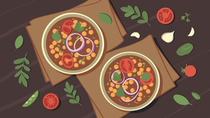 Delicious bean soup served in bowls, garnished with fresh vegetables, creating vibrant and inviting meal