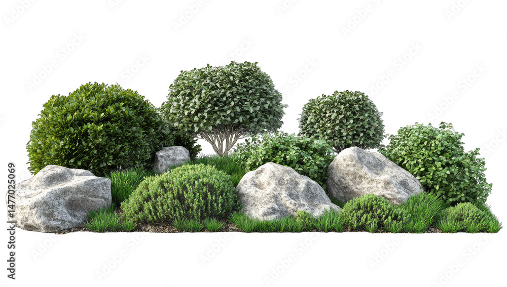 Poster a cluster of large rocks and various green shrubs some trimmed into spherical shapes are arranged to