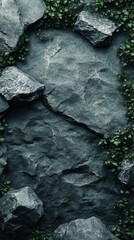 Dark gray rocks and ivy texture background detail shot from above natural stone surface with green vines and leaves