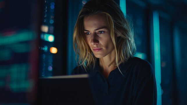 Woman with blond hair, focused on a tablet, in a dark, blue-lit room, representing technological expertise and late-night work