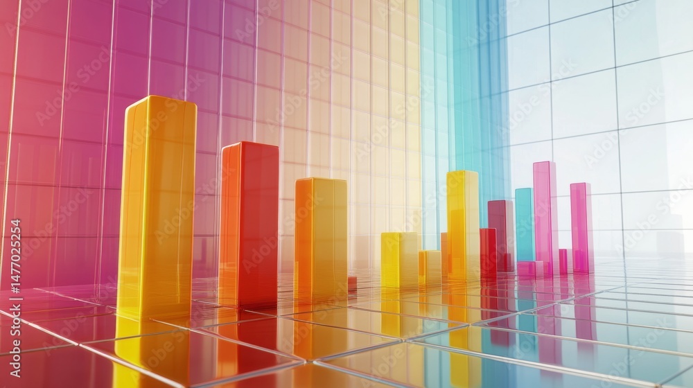 Poster abstract d graph with bars and lines emerging from a grid, each section in bright, contrasting color