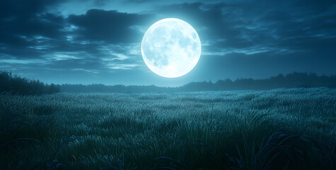 Fototapeta premium full moon over grassy meadow at night