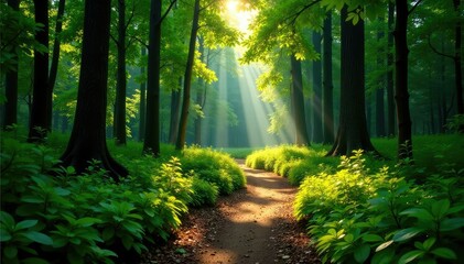 Fototapeta premium A scenic trail winding through a lush forest, sunlight dappling through the trees , woods, beautiful, trail