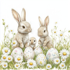 Easter bunny family joyfully playing in meadow of daisies