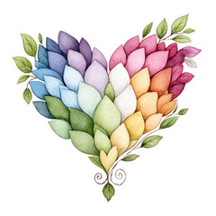 Watercolor heart shaped arrangement of colorful leaves on a white background.