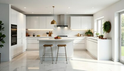 Bright open-plan kitchen, white cabinets & quartz countertops, bright, workspace