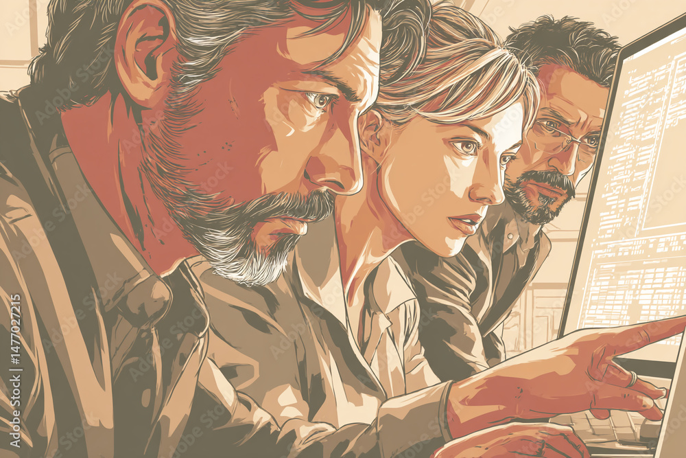 Poster stylized illustration of three professionals collaborating on a computer screen, showcasing teamwork