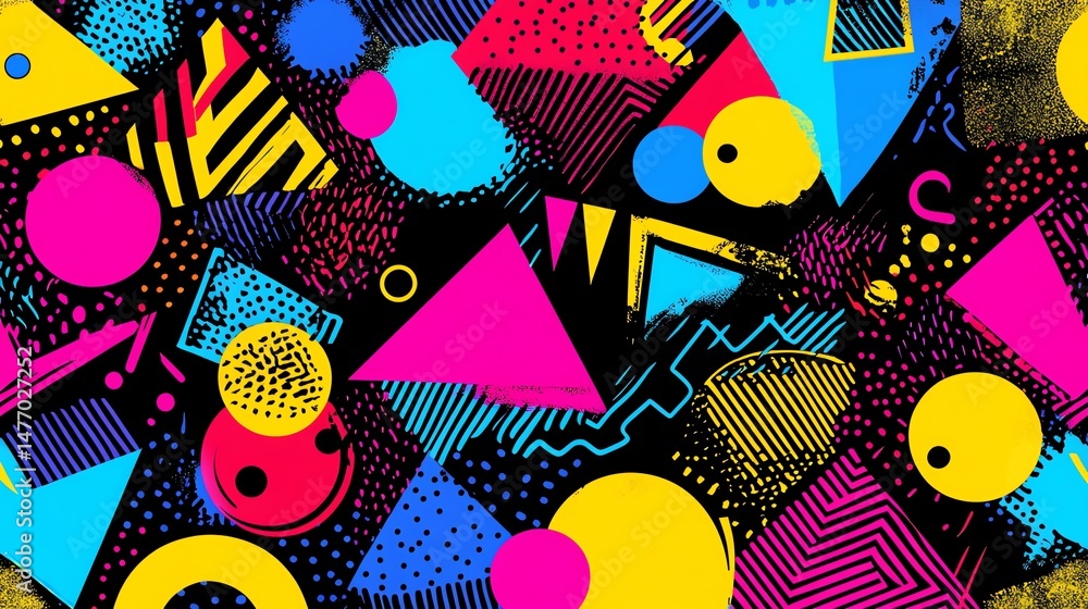 Poster a vibrant, seamless pattern explodes with interlocking geometric shapes in bold, pulsating neon hues