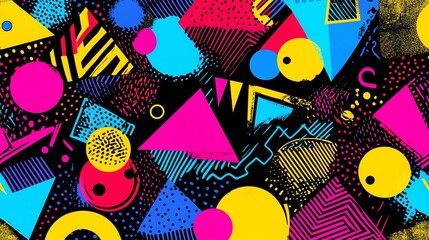 A vibrant, seamless pattern explodes with interlocking geometric shapes in bold, pulsating neon hues.