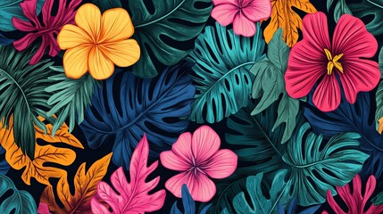 A vibrant, seamless pattern showcases intricately drawn tropical leaves and flowers in a lush, verdant design.